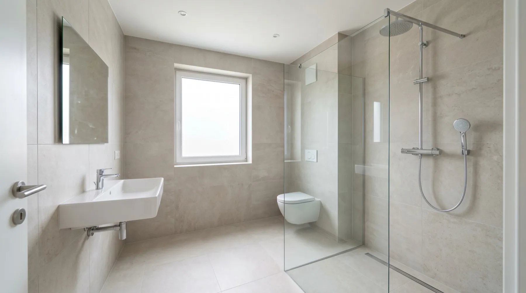Frisch saniertes, helles Badezimmer mit bodengleicher Dusche